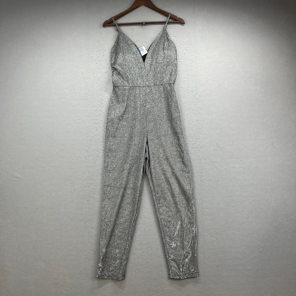Bailey Blue Jumpsuit Womens Large Silver Glitter Metallic V Neck Disco Party NEW